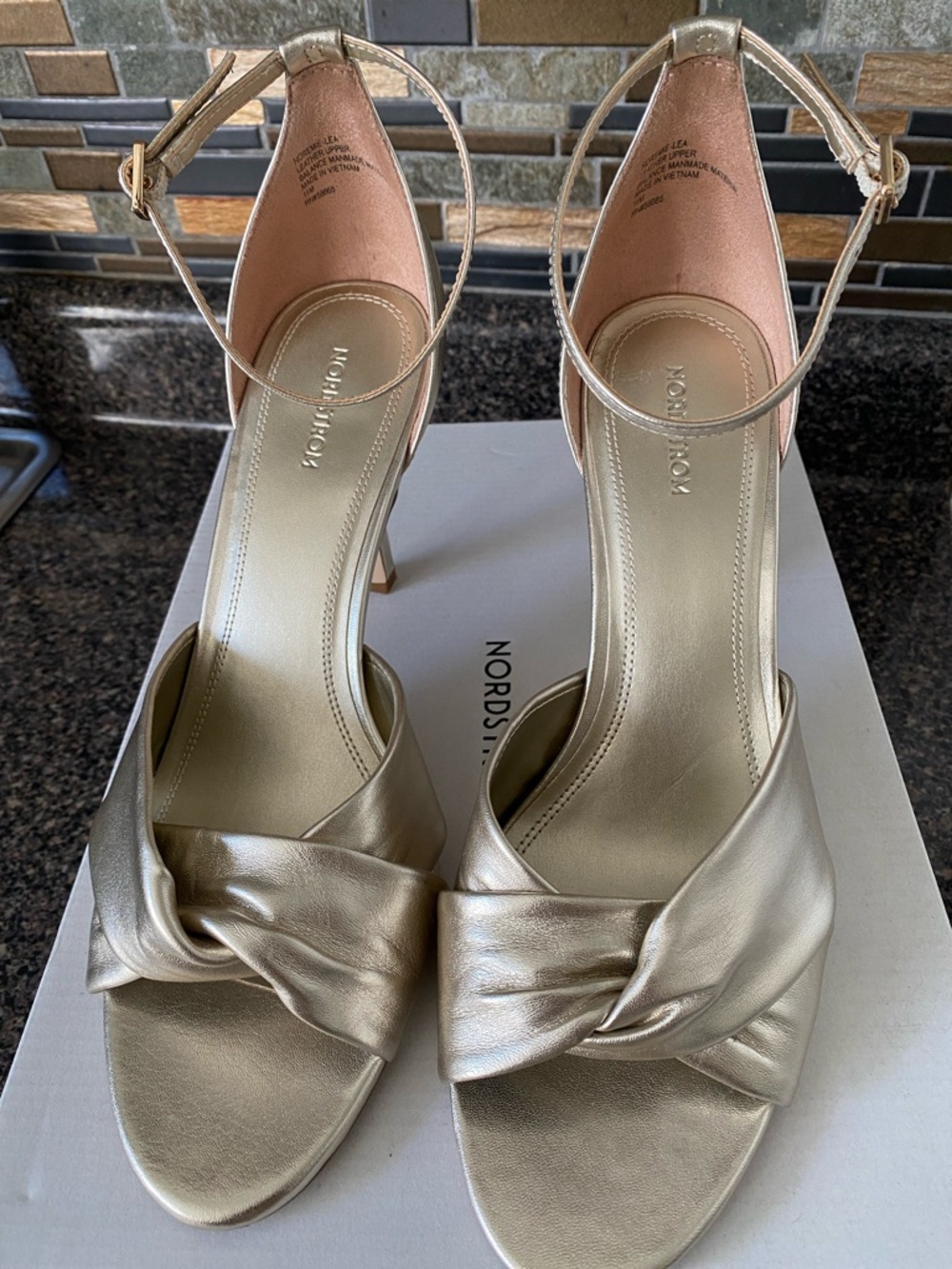 Nordstrom Metallic Gold Knot Front Ankle-Strap Heels